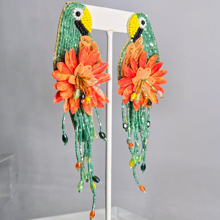 "Key West Paradise" 4.5" Earrings - Hand-beaded Beautiful Birds