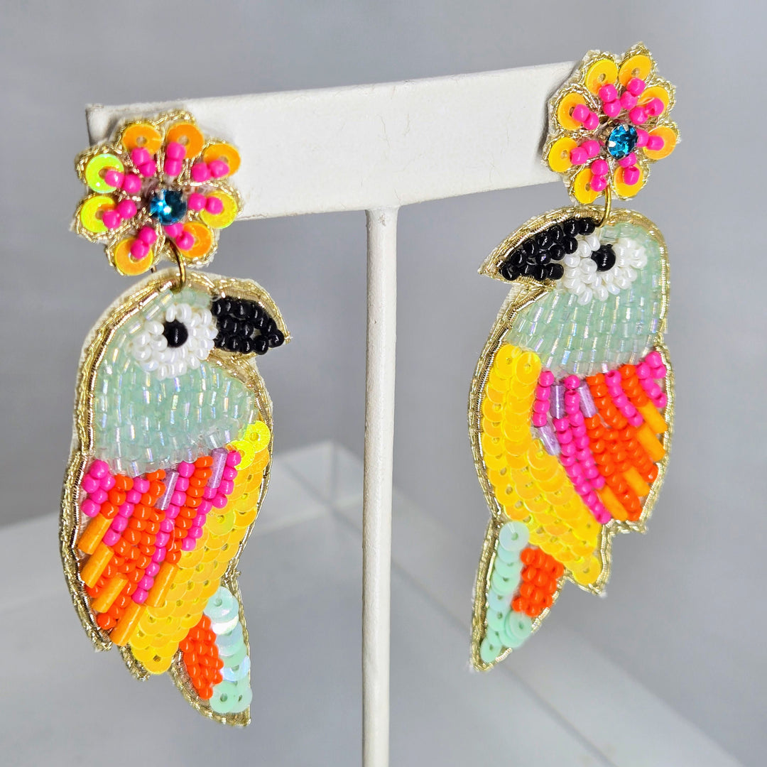 "Parrotheads On Parade" 3" Earrings - Hand-beaded Macaws