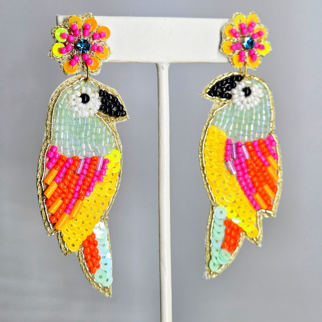"Parrotheads On Parade" 3" Earrings - Hand-beaded Macaws