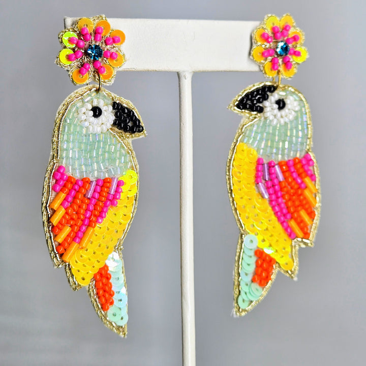 "Parrotheads On Parade" 3" Earrings - Hand-beaded Macaws