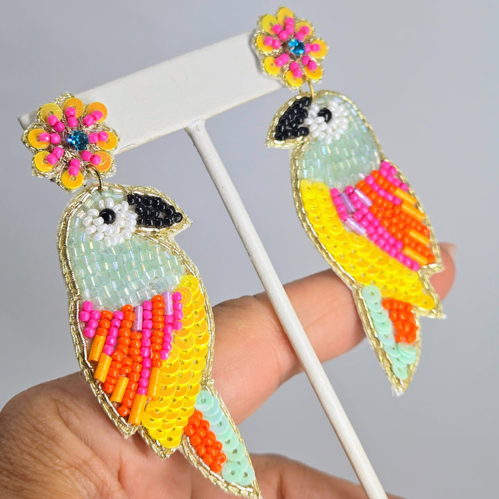 "Parrotheads On Parade" 3" Earrings - Hand-beaded Macaws