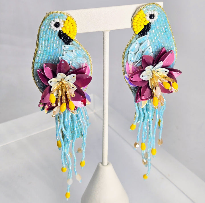 "Another Parrothead Song" 4.5" Hand-beaded Parrot Earrings