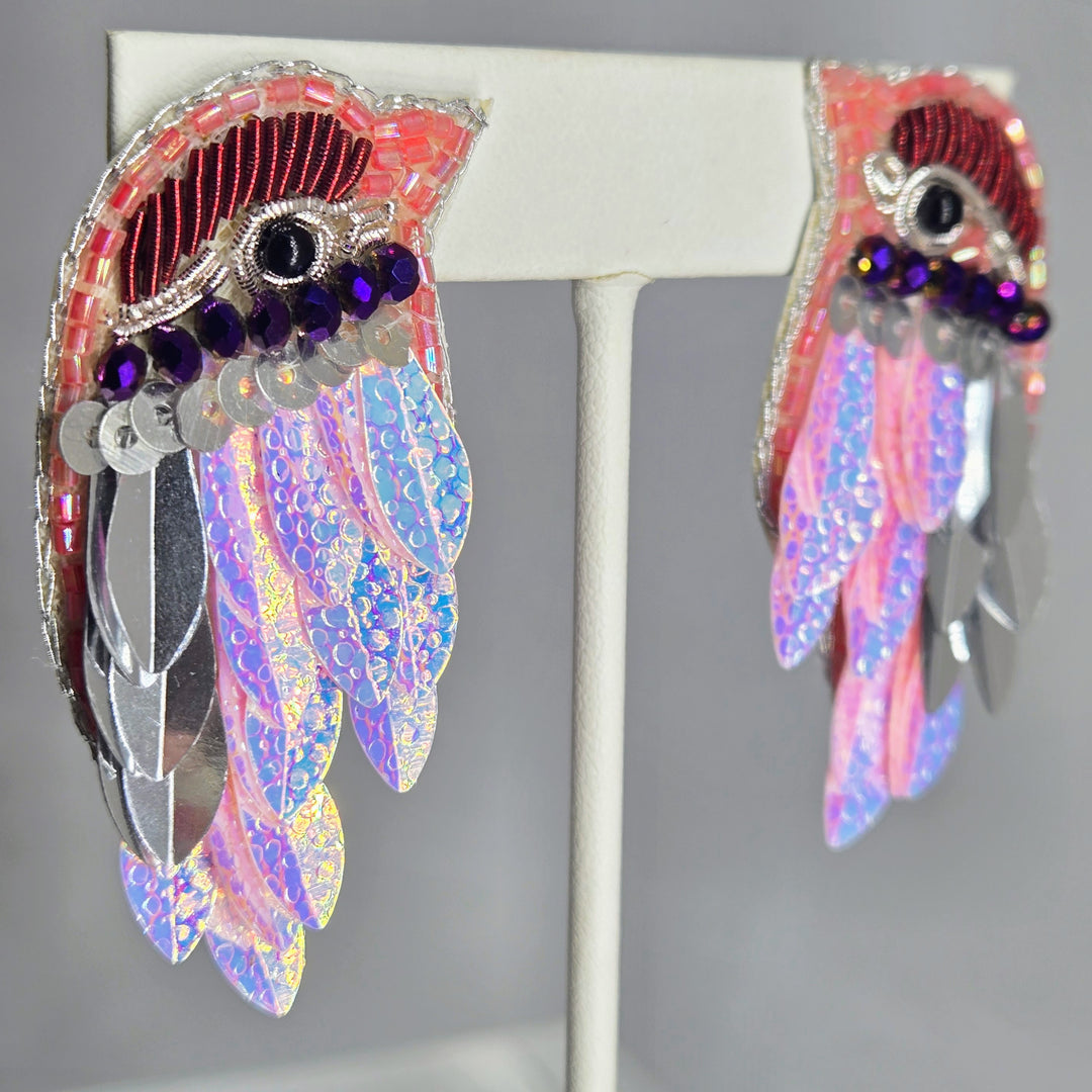 "Fly By Night" 2" Hand-beaded Iridescent Pink Bird Earrings