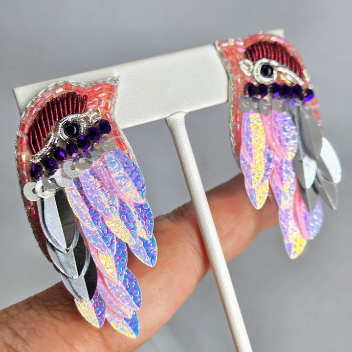 "Fly By Night" 2" Hand-beaded Iridescent Pink Bird Earrings