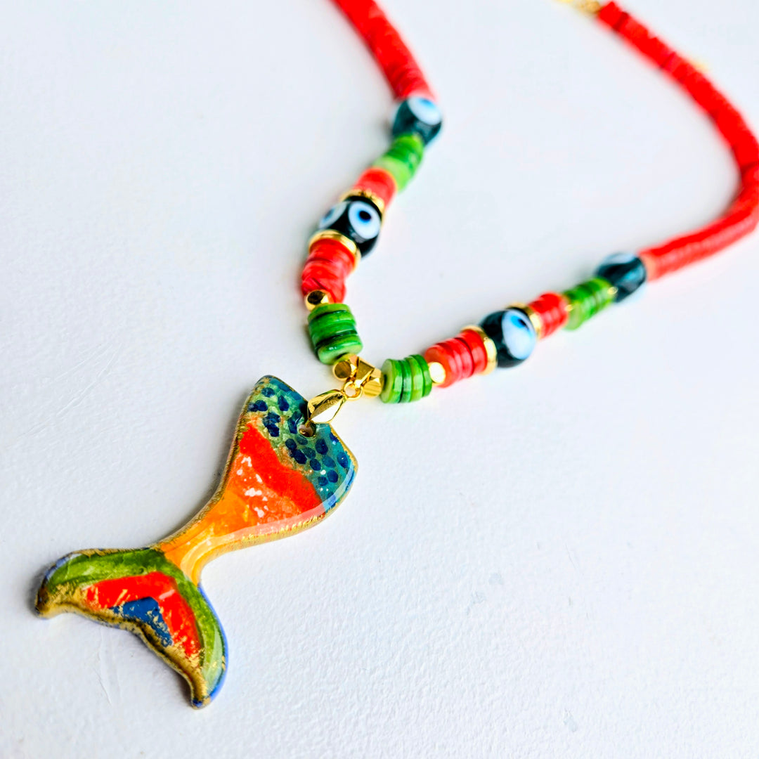 Lucky Charm - Coral Mermaid Evil Eye Necklace