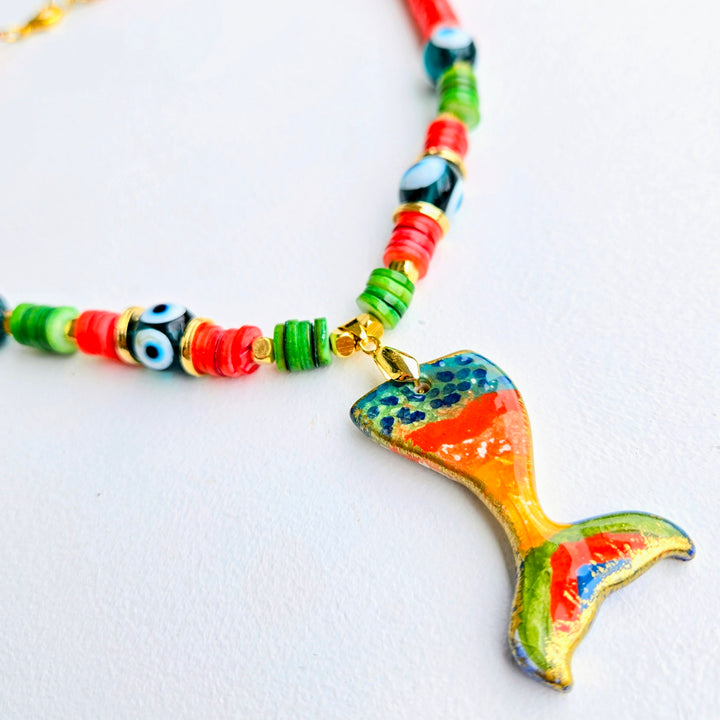 Lucky Charm - Coral Mermaid Evil Eye Necklace