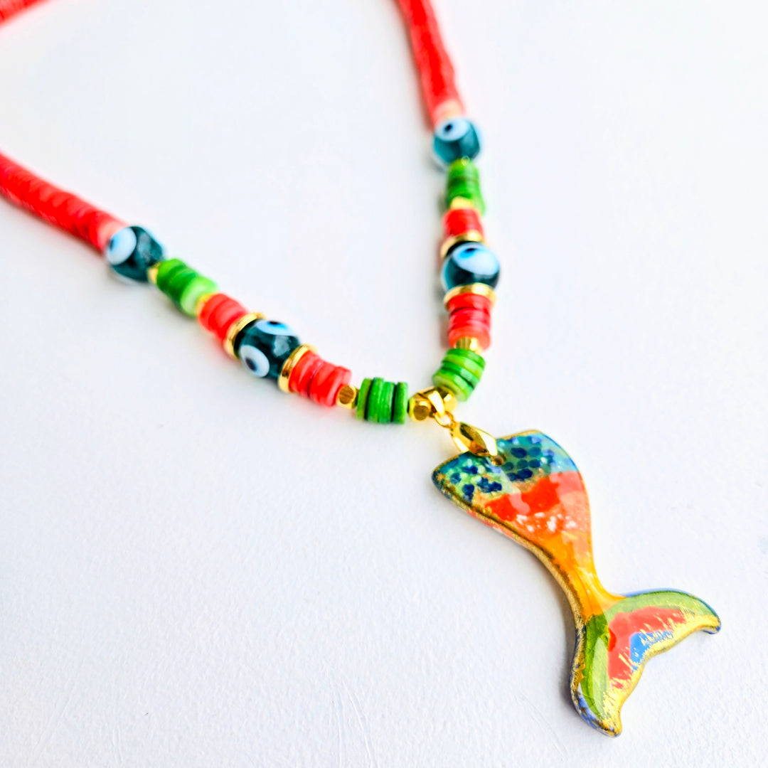 Lucky Charm - Coral Mermaid Evil Eye Necklace