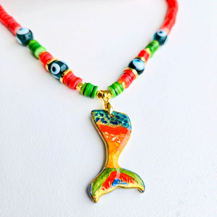 Lucky Charm - Coral Mermaid Evil Eye Necklace