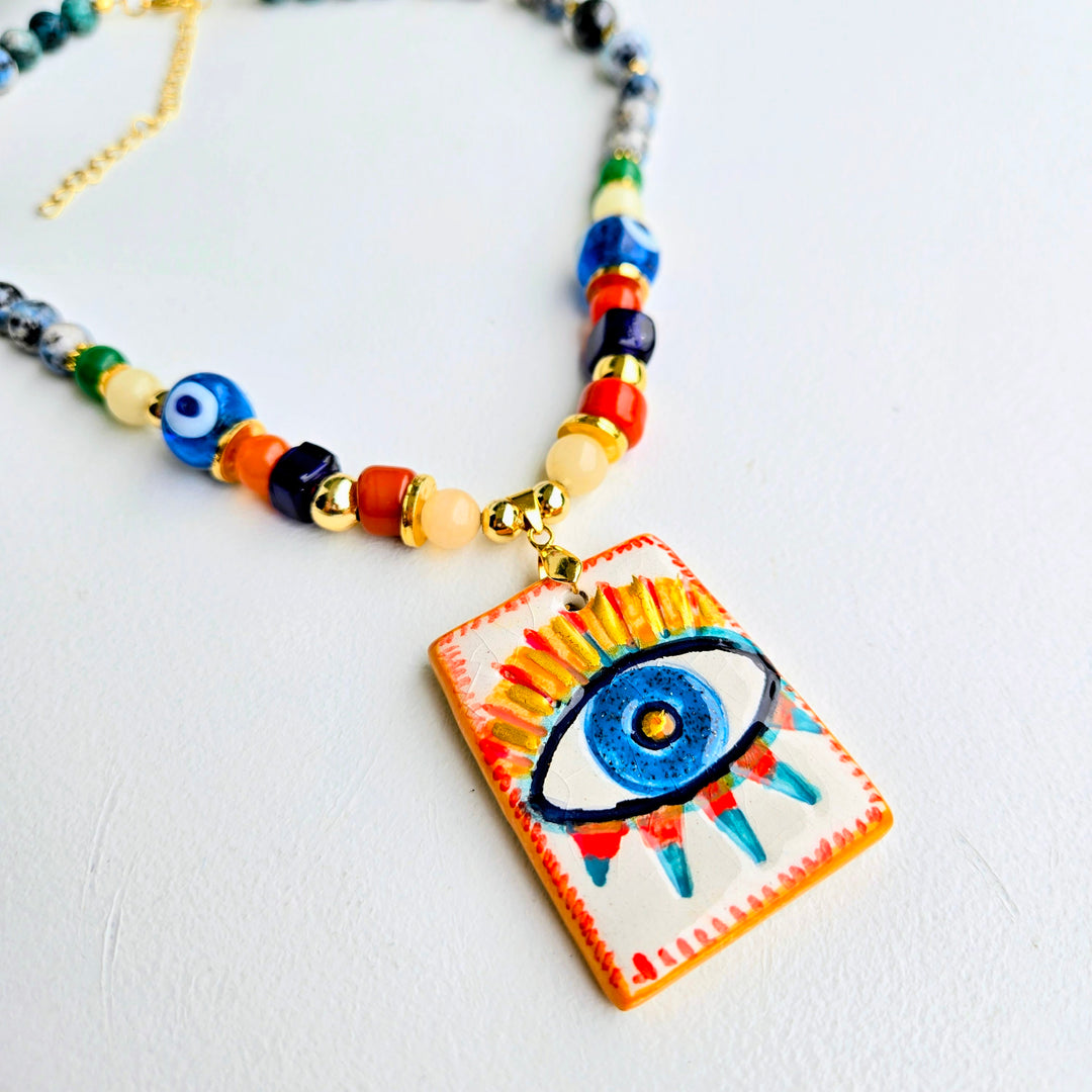 Lucky Charm - Blue Speckled Sunburst Evil Eye Necklace