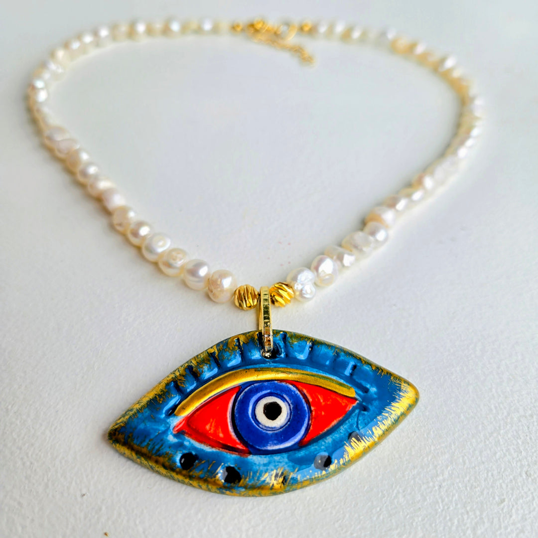 Lucky Charm - Pearl & Cobalt Evil Eye Necklace