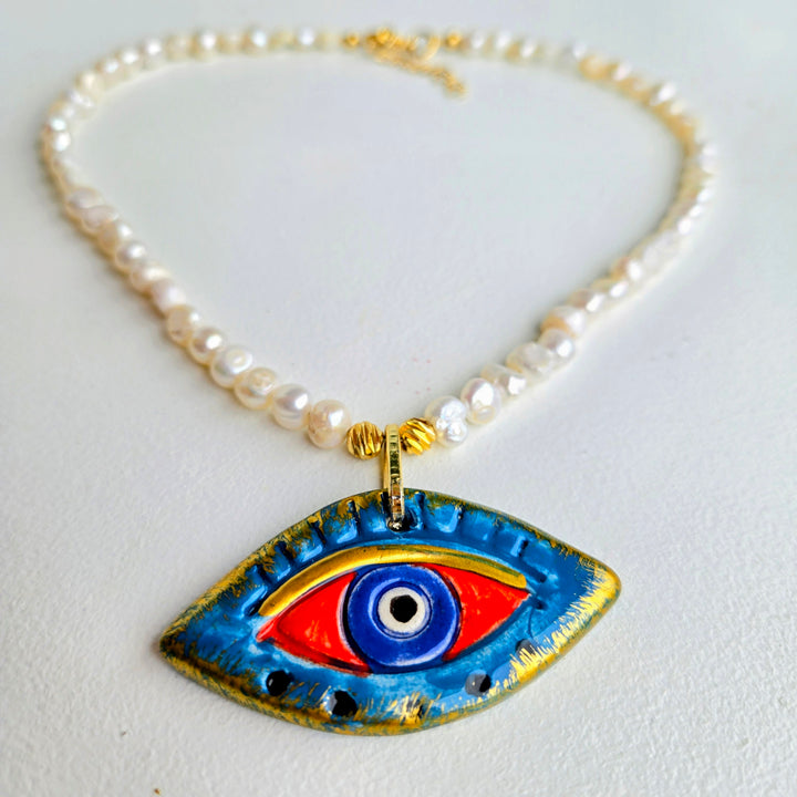 Lucky Charm - Pearl & Cobalt Evil Eye Necklace