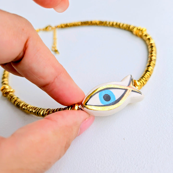 "Lucky Catch" Reversible Evil Eye & Leopard Fish Necklace 17"