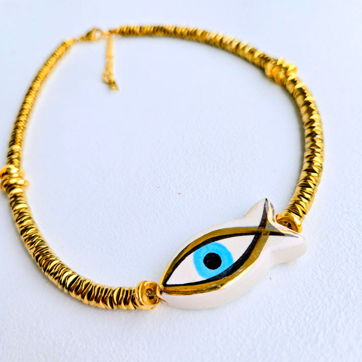 "Lucky Catch" Reversible Evil Eye & Leopard Fish Necklace 17"