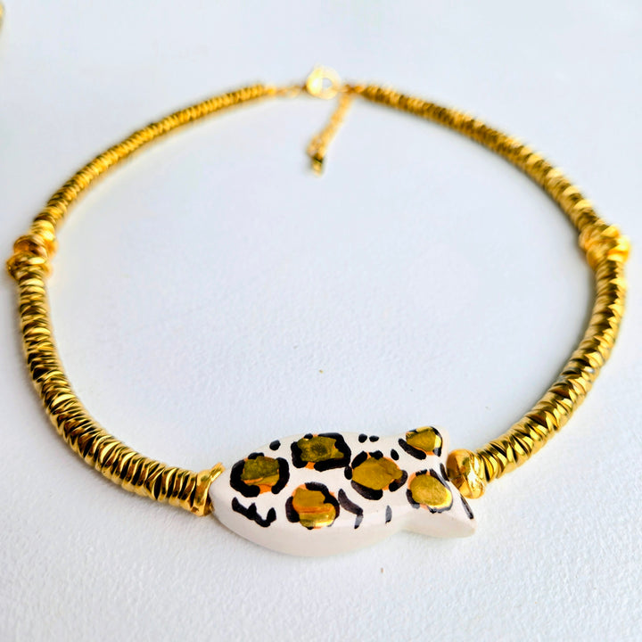 "Lucky Catch" Reversible Evil Eye & Leopard Fish Necklace 17"
