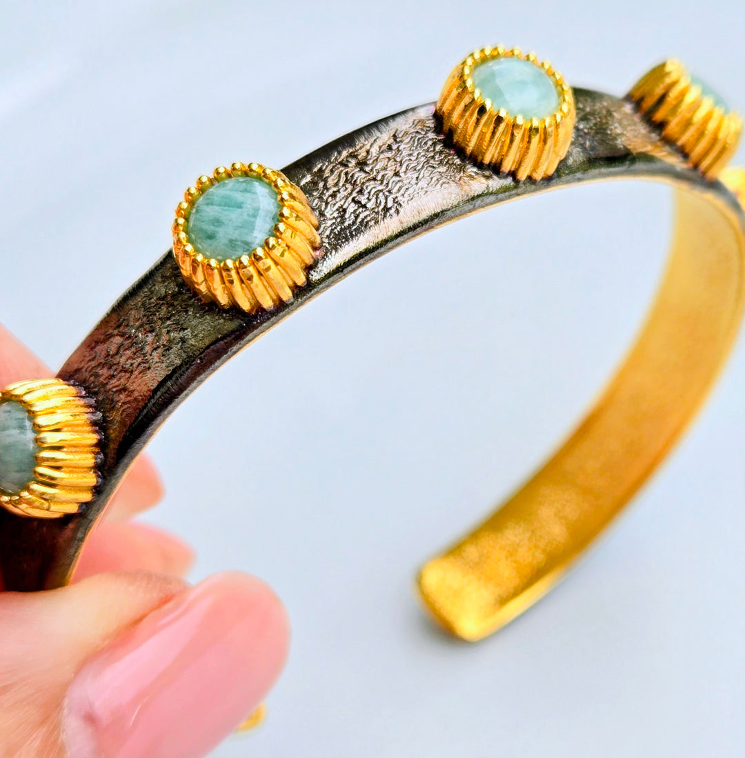 "Cuff Me Baby" Cuff Bracelet - Pink Tourmaline, Amazonite, or Pearl, Gold-plated Bronze
