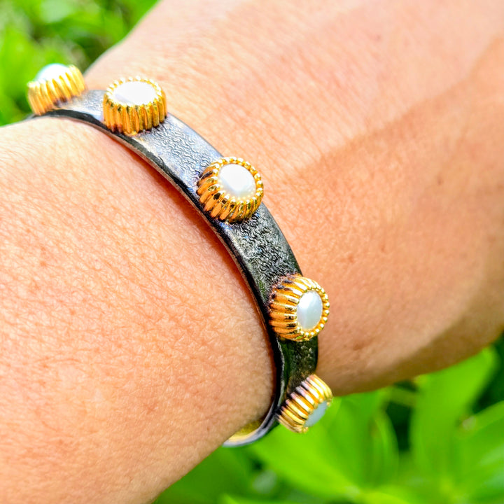 "Cuff Me Baby" Cuff Bracelet - Pink Tourmaline, Amazonite, or Pearl, Gold-plated Bronze