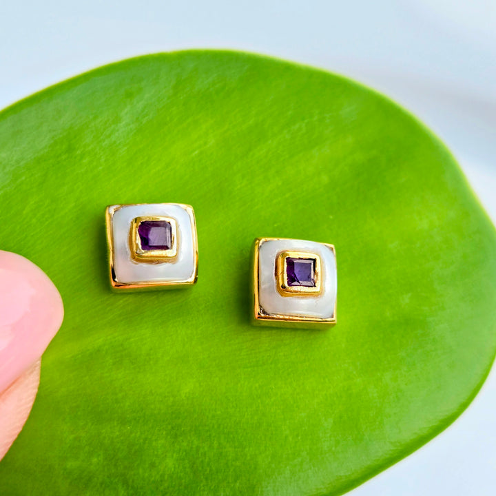 "Lumi Squares" .25" Stud Earrings - Pearl with Citrine, Amethyst, or Peridot