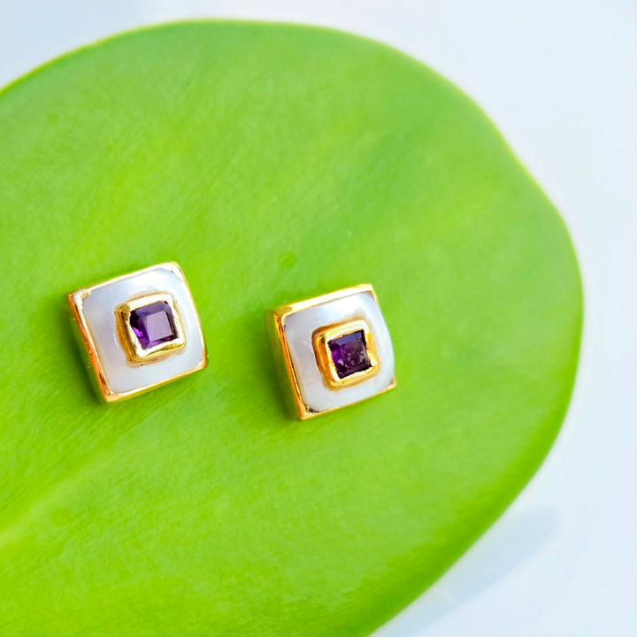 "Lumi Squares" .25" Stud Earrings - Pearl with Citrine, Amethyst, or Peridot