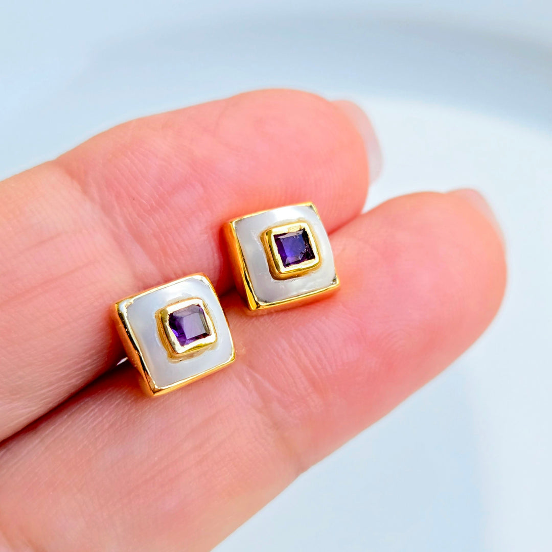 "Lumi Squares" .25" Stud Earrings - Pearl with Citrine, Amethyst, or Peridot