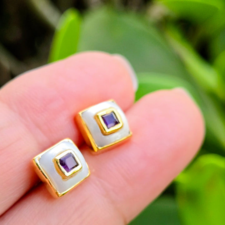 "Lumi Squares" .25" Stud Earrings - Pearl with Citrine, Amethyst, or Peridot