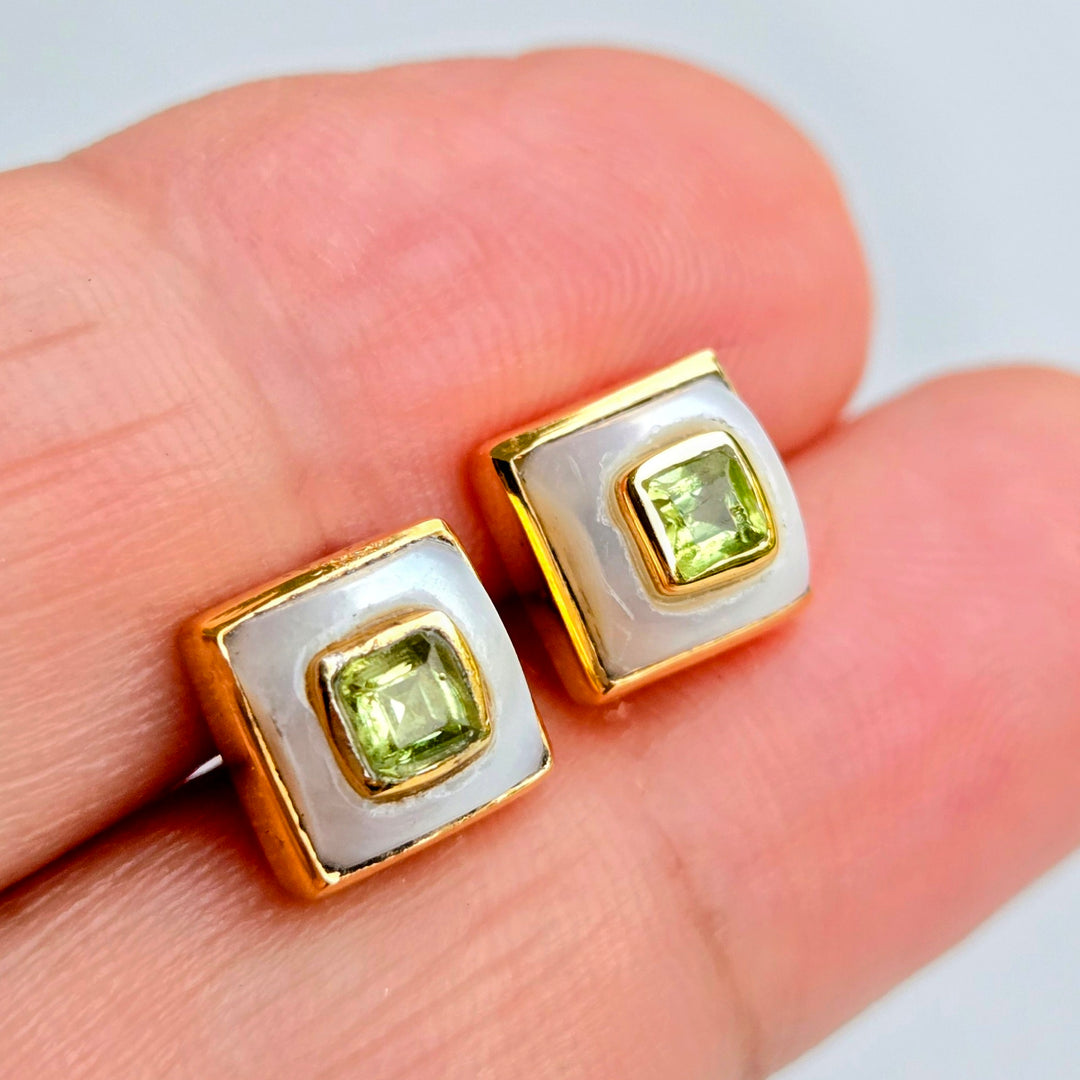 "Lumi Squares" .25" Stud Earrings - Pearl with Citrine, Amethyst, or Peridot