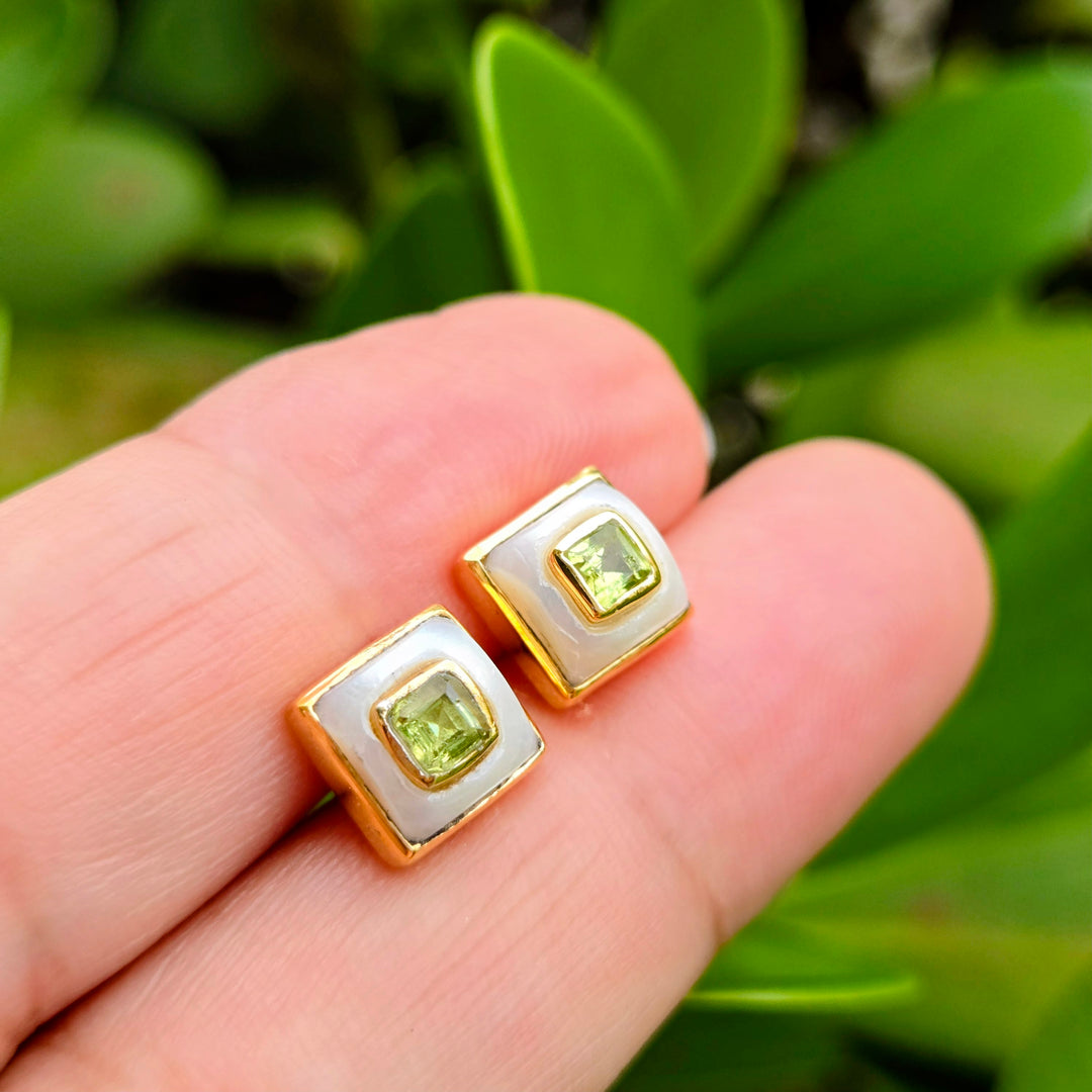 "Lumi Squares" .25" Stud Earrings - Pearl with Citrine, Amethyst, or Peridot