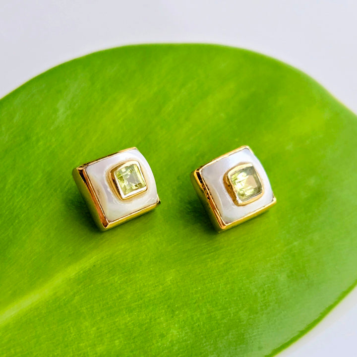 "Lumi Squares" .25" Stud Earrings - Pearl with Citrine, Amethyst, or Peridot