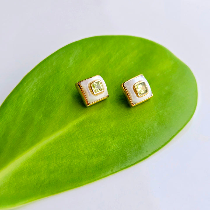 "Lumi Squares" .25" Stud Earrings - Pearl with Citrine, Amethyst, or Peridot