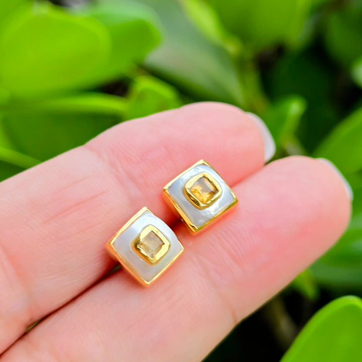 "Lumi Squares" .25" Stud Earrings - Pearl with Citrine, Amethyst, or Peridot