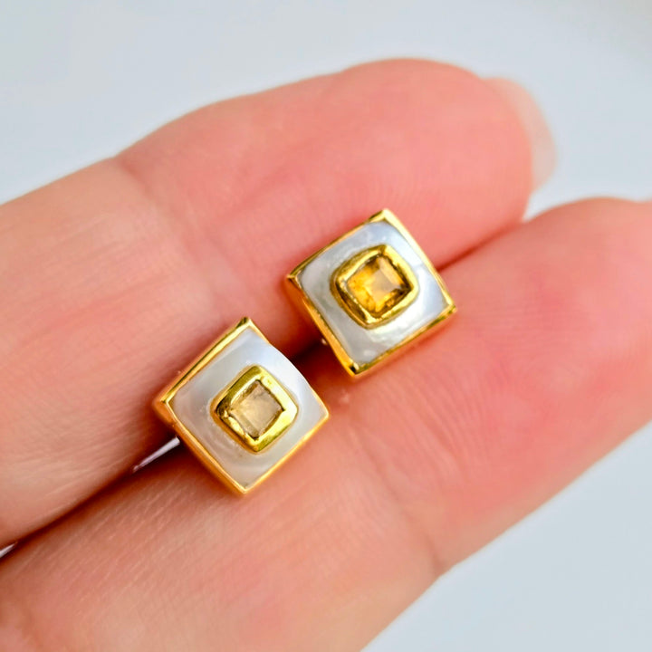 "Lumi Squares" .25" Stud Earrings - Pearl with Citrine, Amethyst, or Peridot