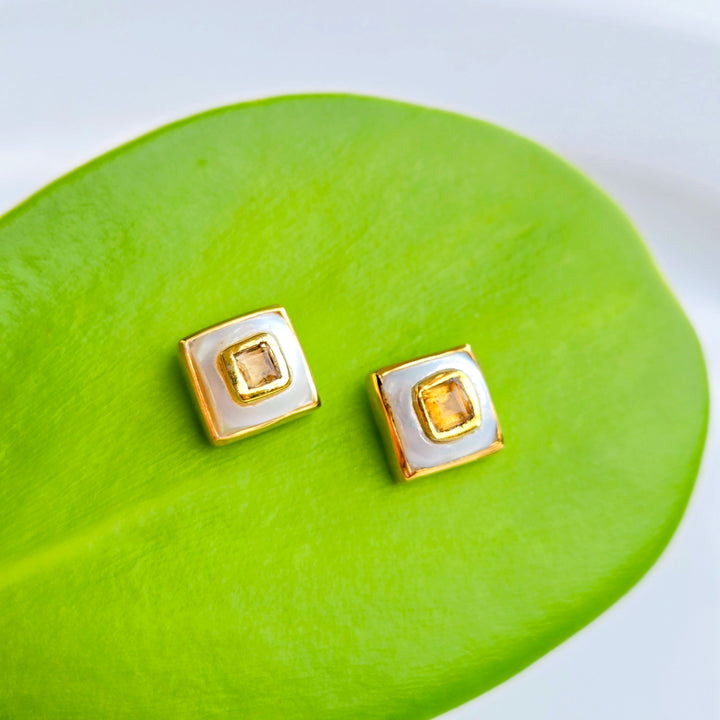 "Lumi Squares" .25" Stud Earrings - Pearl with Citrine, Amethyst, or Peridot