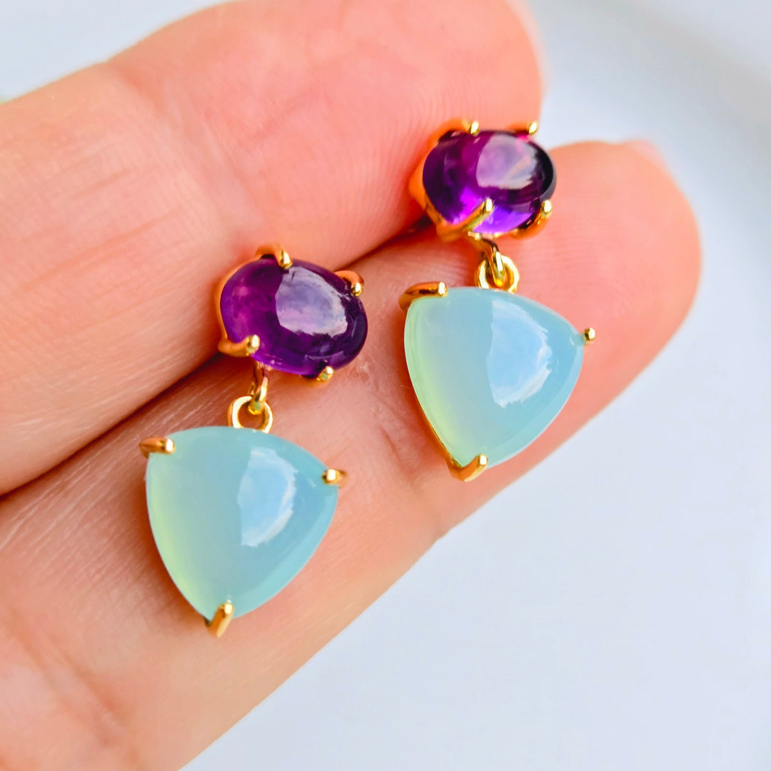 "Plum Berries" 1" Earrings - Amethyst, Chalcedony, 18k Gold Sterling