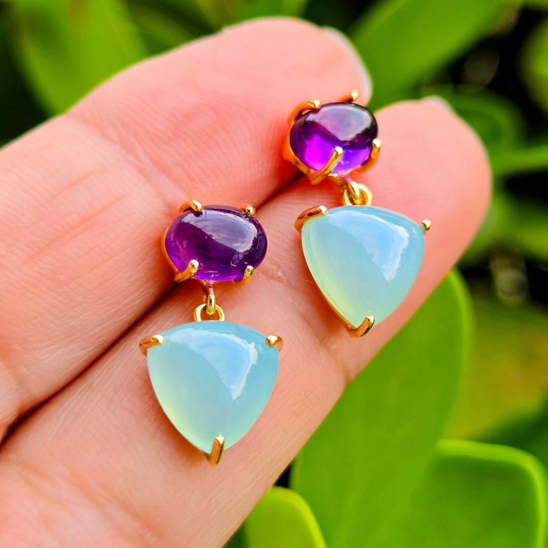 "Plum Berries" 1" Earrings - Amethyst, Chalcedony, 18k Gold Sterling