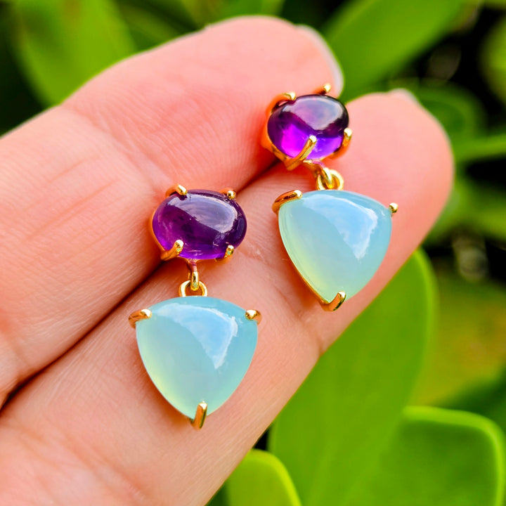 "Plum Berries" 1" Earrings - Amethyst, Chalcedony, 18k Gold Sterling