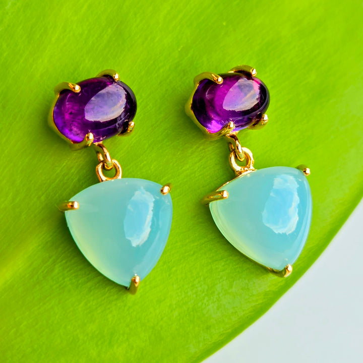 "Plum Berries" 1" Earrings - Amethyst, Chalcedony, 18k Gold Sterling