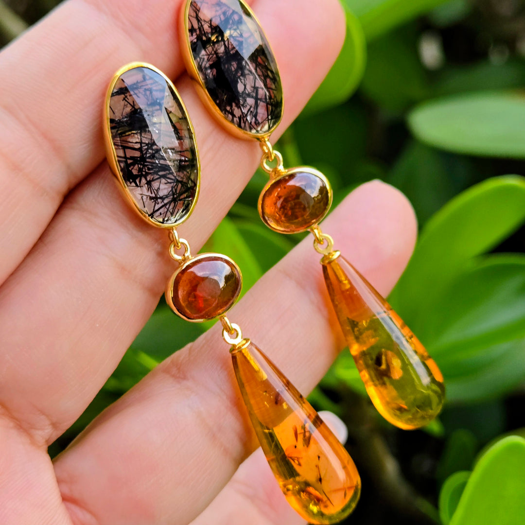 "Exotic Queen" 2.75" Earrings - Tourmalinated Quartz, Whiskey Citrine, Amber, 18k Gold Sterling