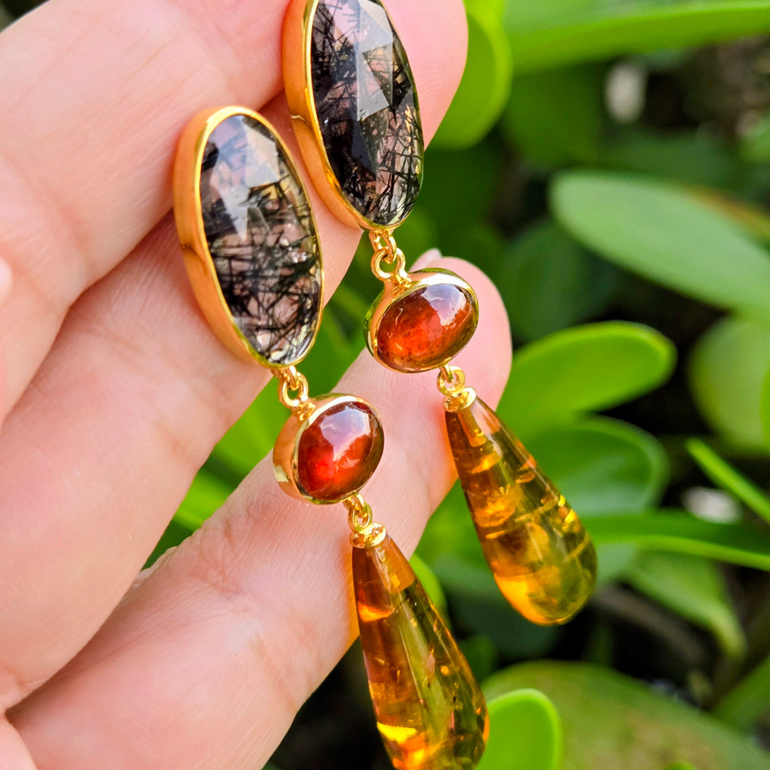 "Exotic Queen" 2.75" Earrings - Tourmalinated Quartz, Whiskey Citrine, Amber, 18k Gold Sterling