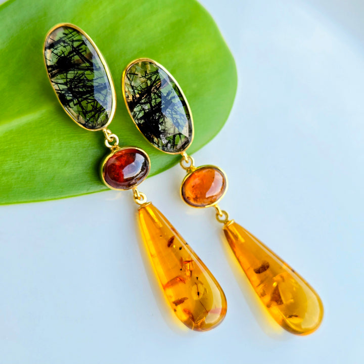 "Exotic Queen" 2.75" Earrings - Tourmalinated Quartz, Whiskey Citrine, Amber, 18k Gold Sterling