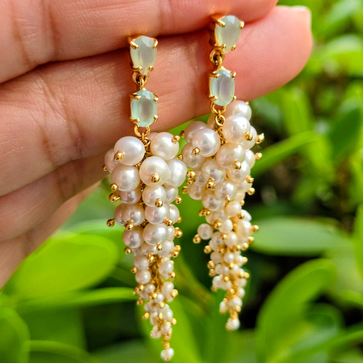 "Mint + Caviar" 2.75" Earrings - Graduated Pearls, Mint Chalcedony, 18k Gold Sterling