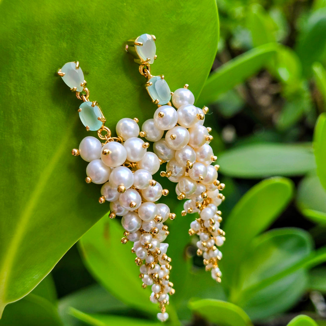 "Mint + Caviar" 2.75" Earrings - Graduated Pearls, Mint Chalcedony, 18k Gold Sterling