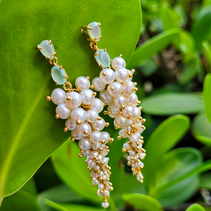 "Mint + Caviar" 2.75" Earrings - Graduated Pearls, Mint Chalcedony, 18k Gold Sterling
