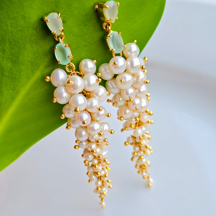 "Mint + Caviar" 2.75" Earrings - Graduated Pearls, Mint Chalcedony, 18k Gold Sterling
