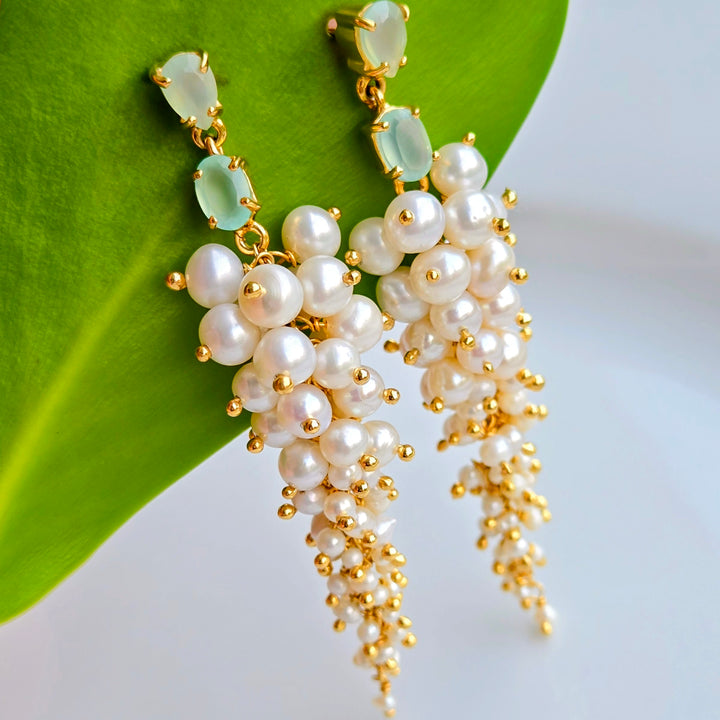 "Mint + Caviar" 2.75" Earrings - Graduated Pearls, Mint Chalcedony, 18k Gold Sterling