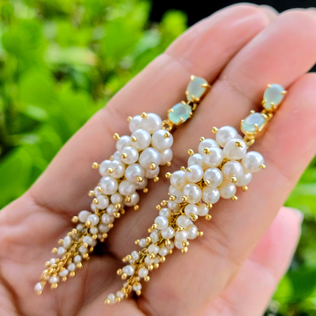 "Mint + Caviar" 2.75" Earrings - Graduated Pearls, Mint Chalcedony, 18k Gold Sterling