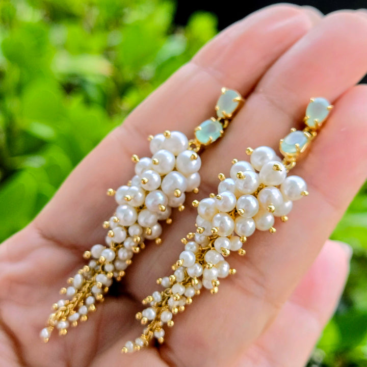 "Mint + Caviar" 2.75" Earrings - Graduated Pearls, Mint Chalcedony, 18k Gold Sterling