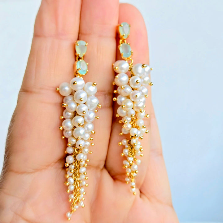 "Mint + Caviar" 2.75" Earrings - Graduated Pearls, Mint Chalcedony, 18k Gold Sterling