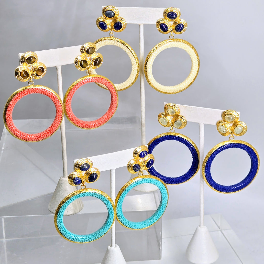 "Stingray Stunners" 3" Gemstone & Stingray Leather Hoop Earrings
