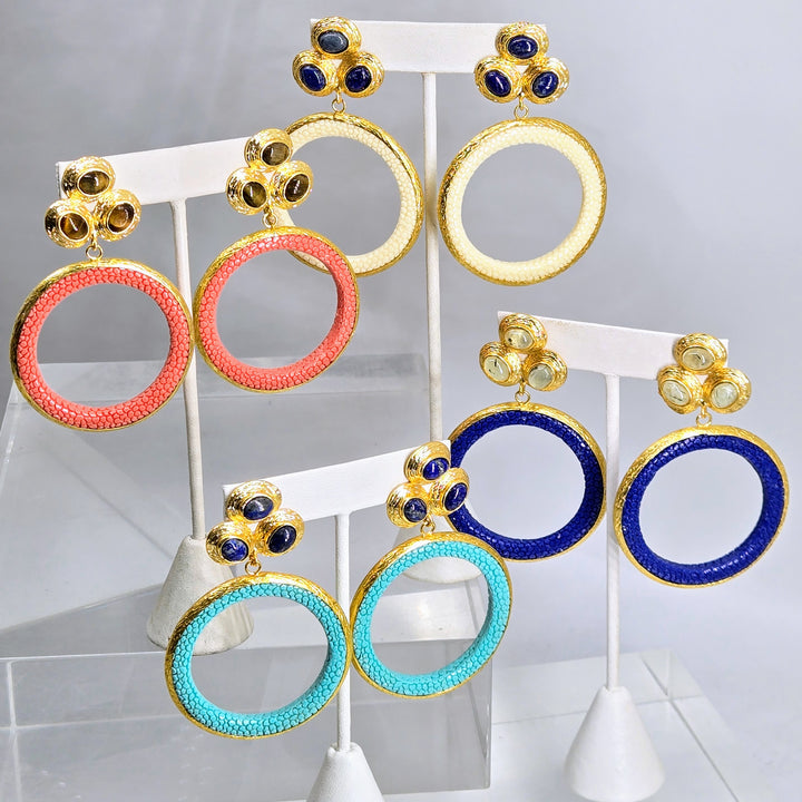 "Stingray Stunners" 3" Gemstone & Stingray Leather Hoop Earrings