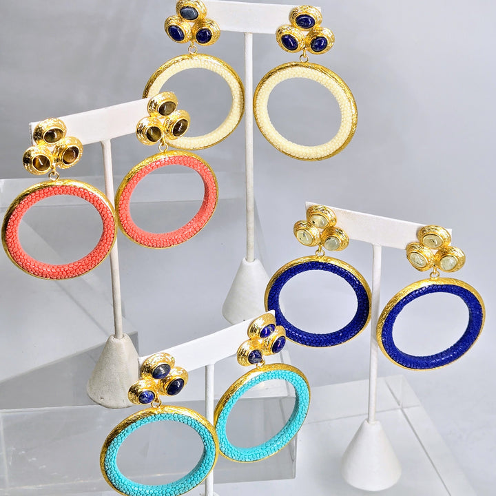 "Stingray Stunners" 3" Gemstone & Stingray Leather Hoop Earrings