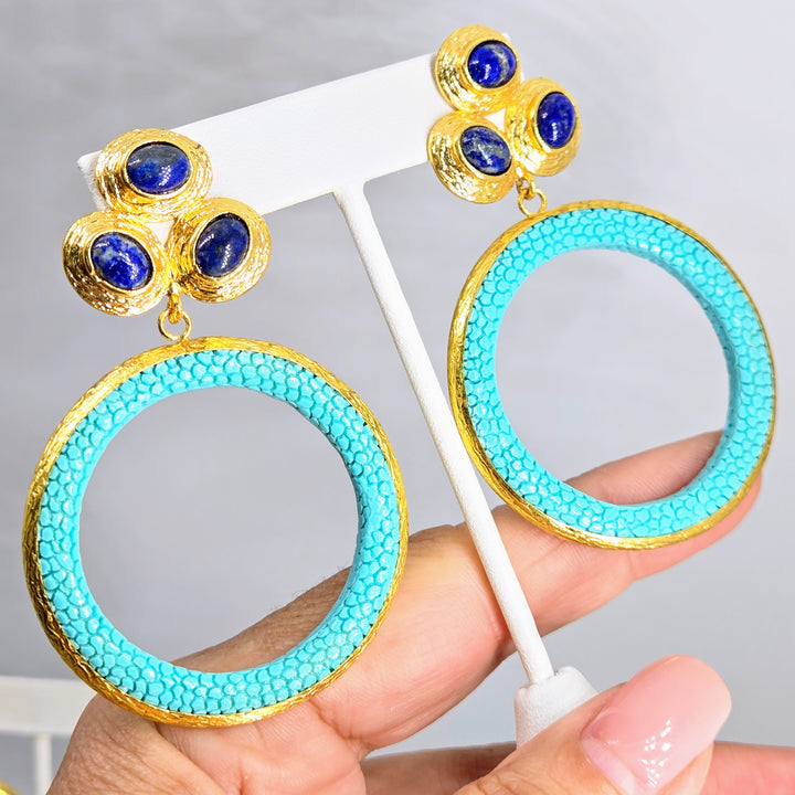 "Stingray Stunners" 3" Gemstone & Stingray Leather Hoop Earrings